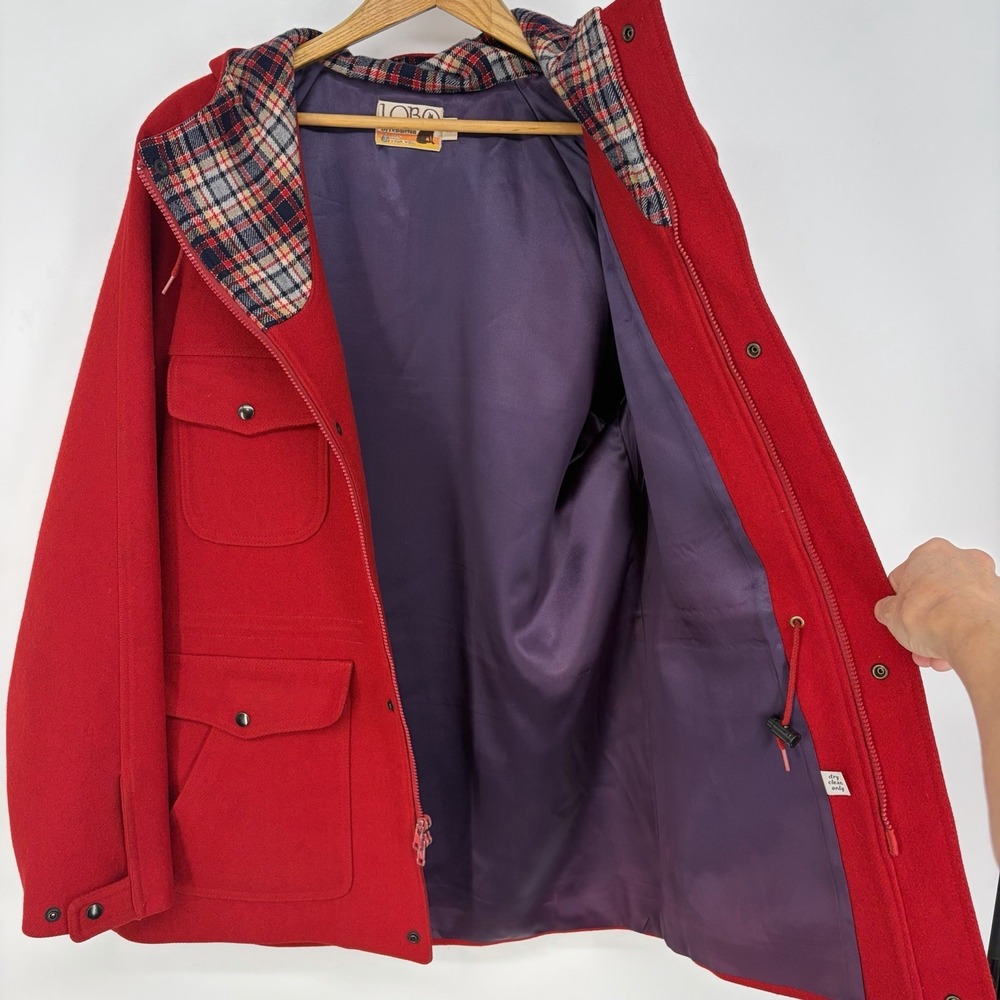 VTG 70s Lobo Pendleton Women 40 Hooded Red Wool Coat Plaid Grunge Chore Barn M - Picture 7 of 10